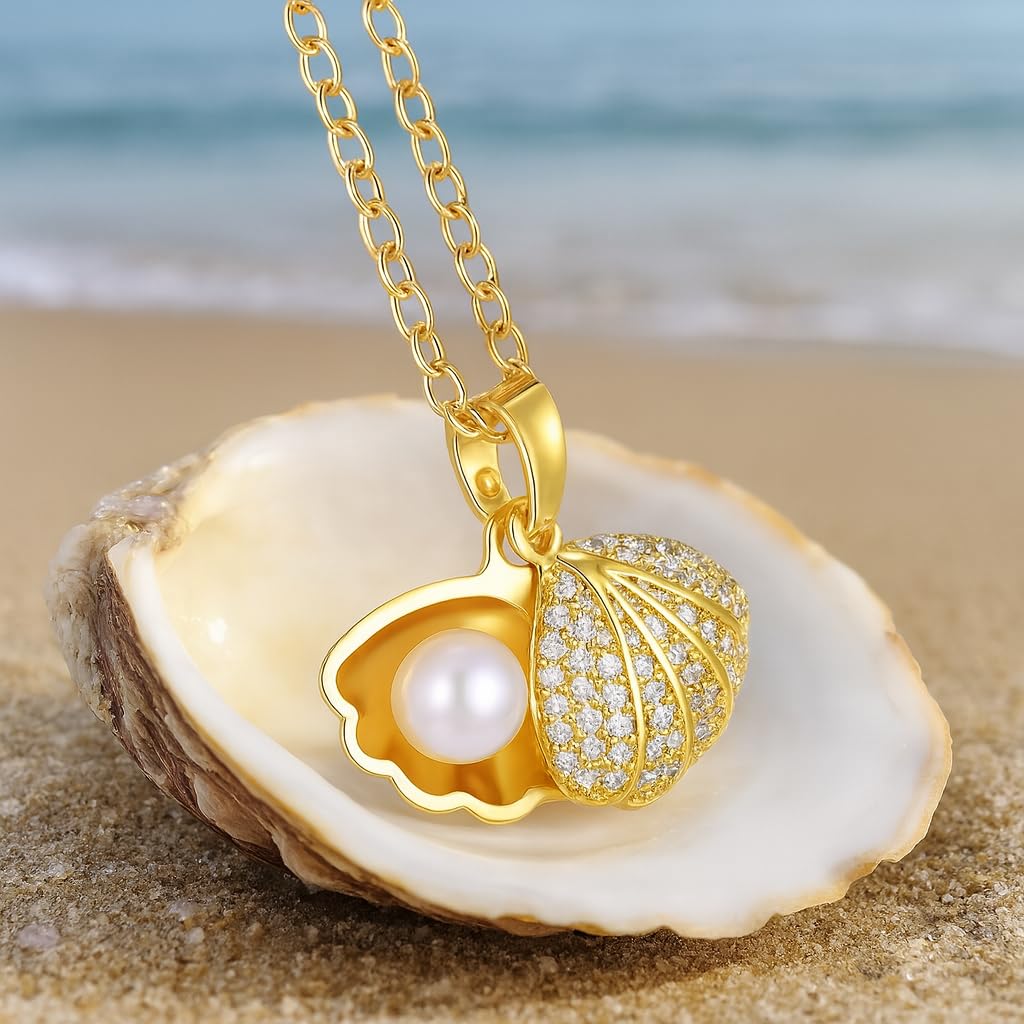 Crystal Clam Shell Oyster Pearl Pendant Necklace, 18 Inch Chain with 2 Inch Extender, Silver