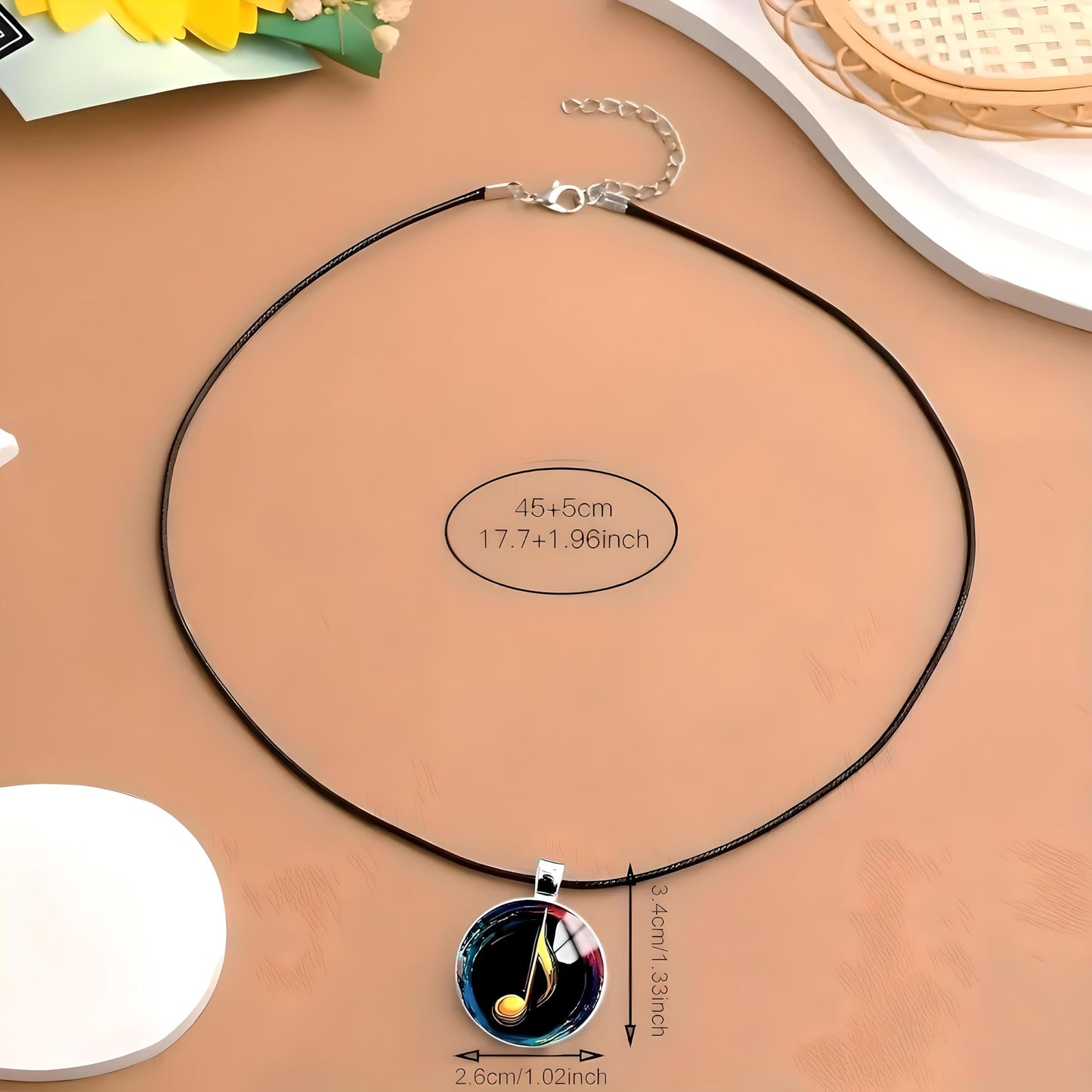 SUPAC Musical Note Pendant Necklace, Black Leather Cord, Eighth Note, Treble Clef, 17.7 Inch Chain with 2 Inch Extension