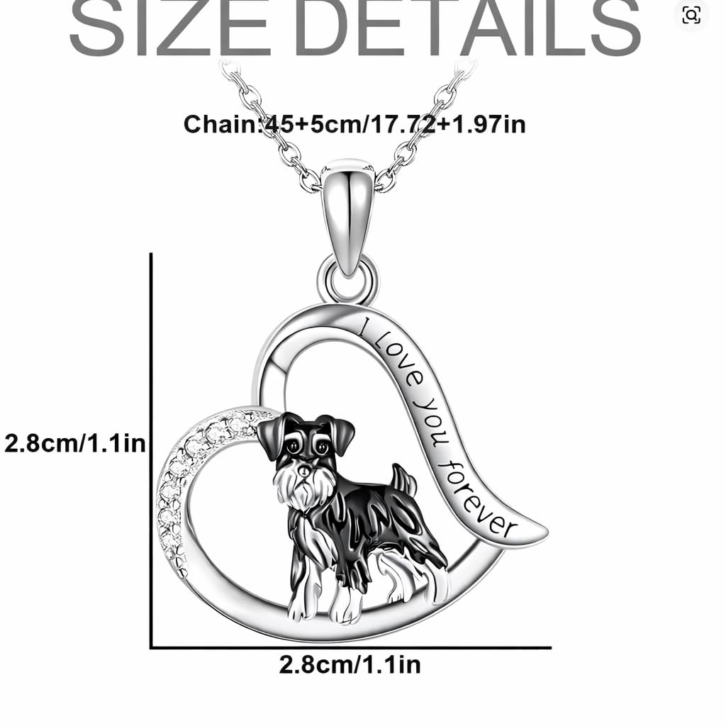 SUPAC Schnauzer Dog Heart Pendant Necklace, Stainless Steel, Crystal Accent, I Love You Forever, 19.7 inch Chain