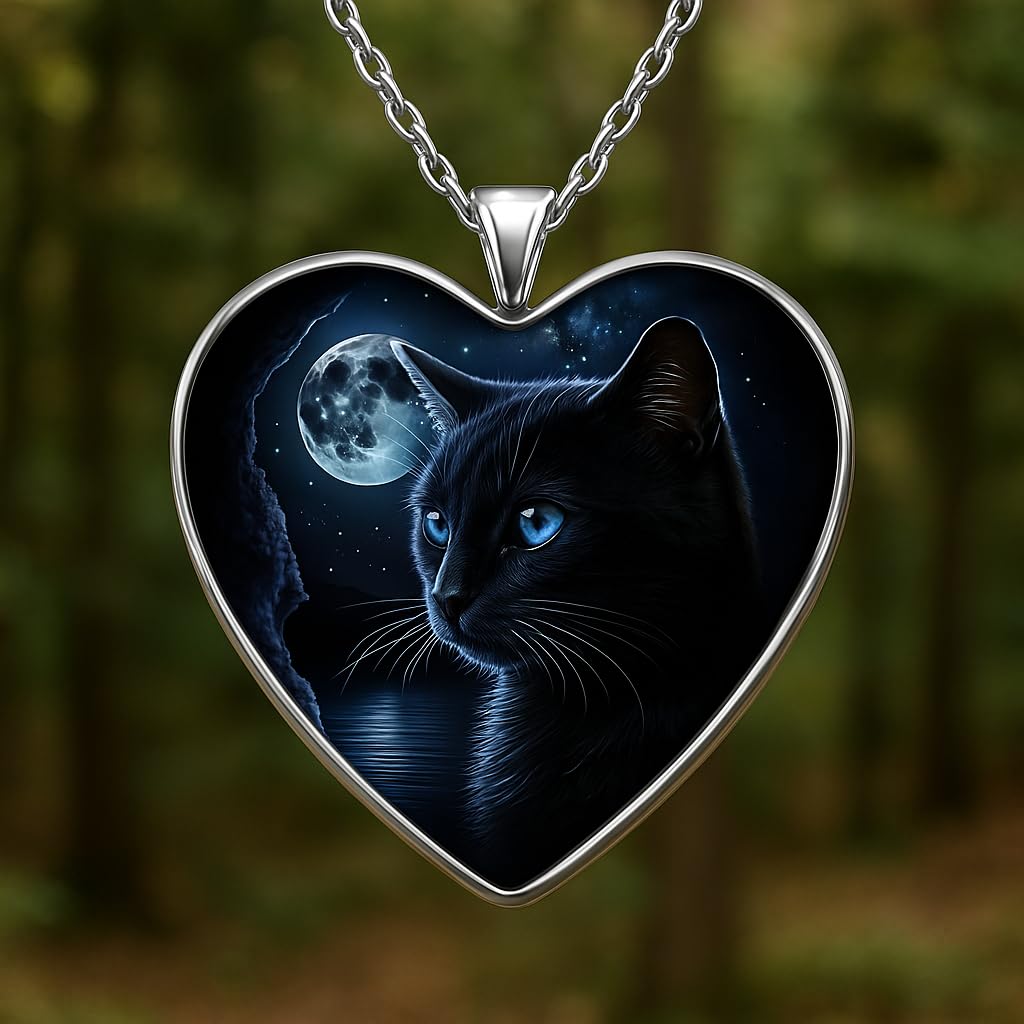 SUPAC Heart-Shaped Black Cat Necklace with Moon and Galaxy Design, Glass Pendant with Stainless Steel Chain - Christmas, Holiday, or Birthday Gift