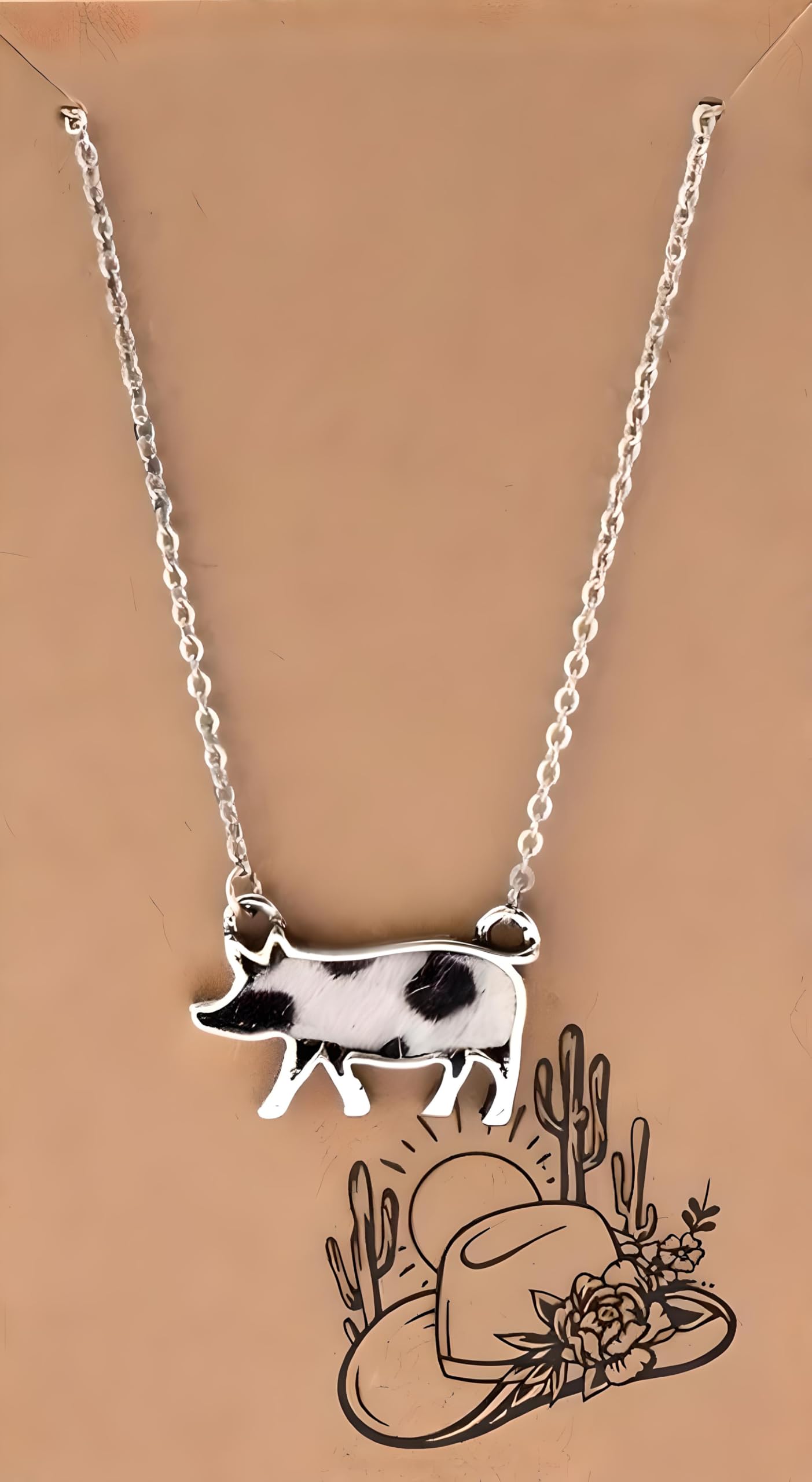 Western Farm Animal Pendant Necklace, Cow, Horse, Goat, and Pig Hide - Silver Chain, 15.35 inch + 1.97 inch Extension