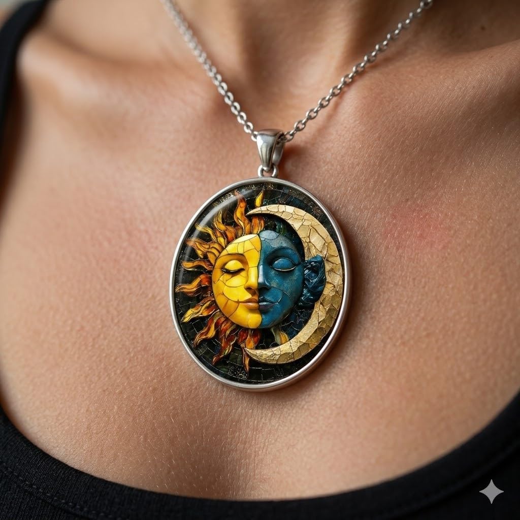 1pc Stunning Round Pendant Necklace - Unique Sun & Moon Pattern, Oil Painting Style Glass Mosaic, Alloy Construction, Trendy Sweater Chain, Fashionable Gift for Women - Christmas or Birthday Gift