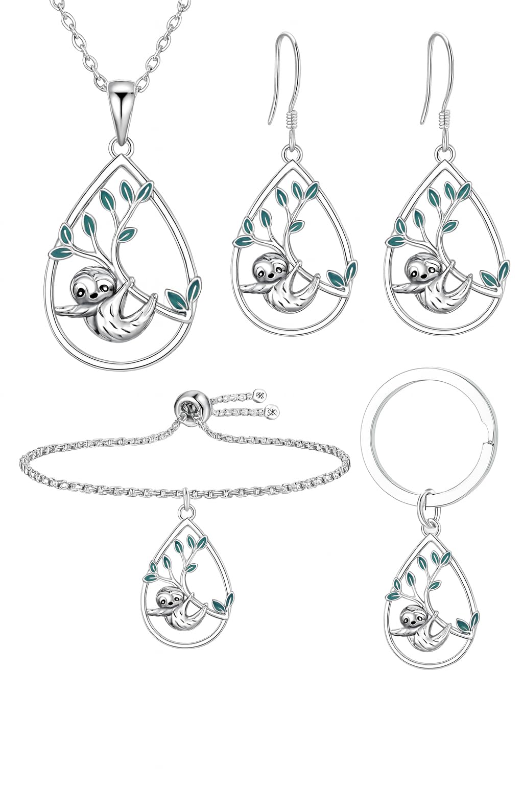 Sloth Jewelry Set, Sterling Silver Teardrop Pendant Necklace, Earrings, Bracelet and Keychain with Green Leaf Design
