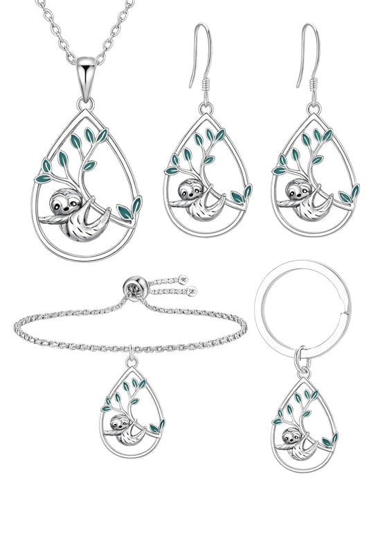 Sloth Jewelry Set, Sterling Silver Teardrop Pendant Necklace, Earrings, Bracelet and Keychain with Green Leaf Design