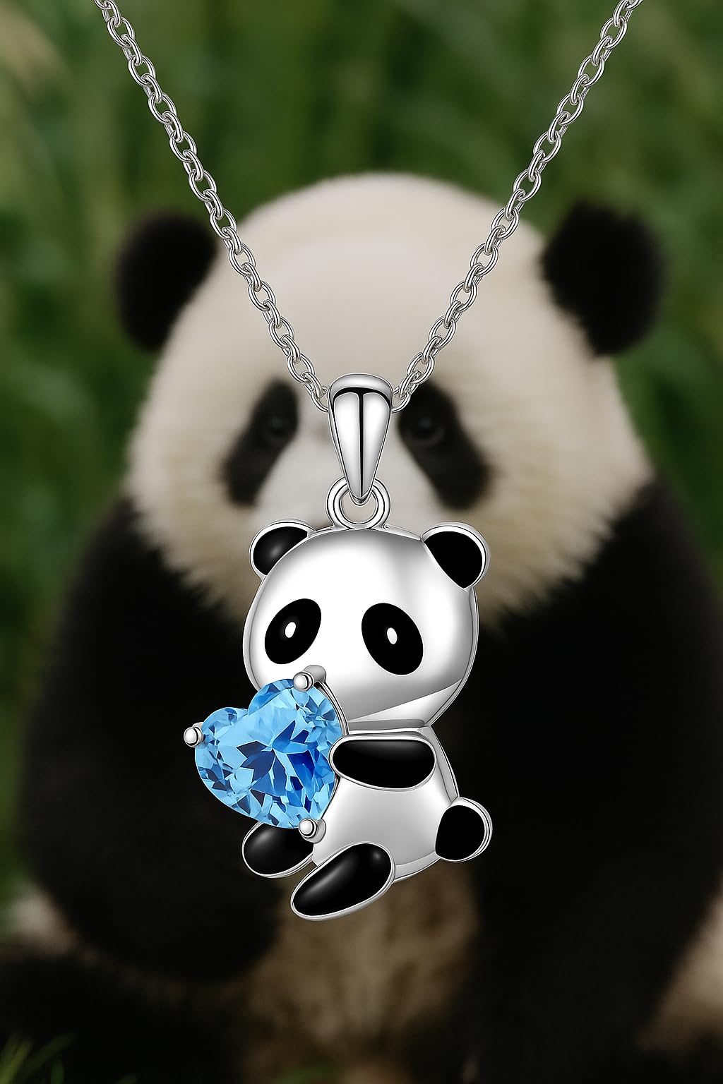 Cute Panda Heart Crystal Pendant Necklace, 17.7 inch Chain, Silver - 6+ Color Options