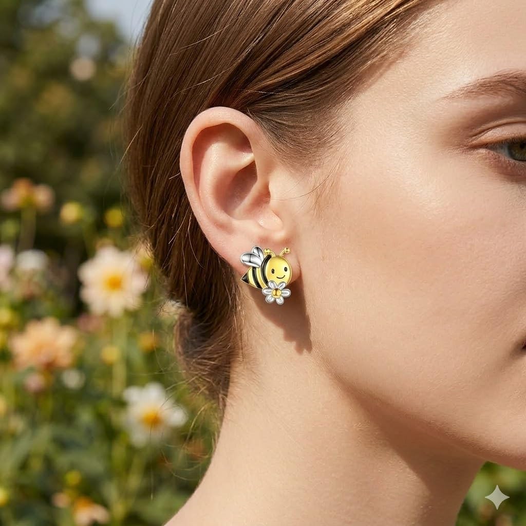 SUPAC Bee and Sunflower Jewelry Set with Heart Necklace, Bracelet, Ring and Earrings, Two-Tone Silver and Gold