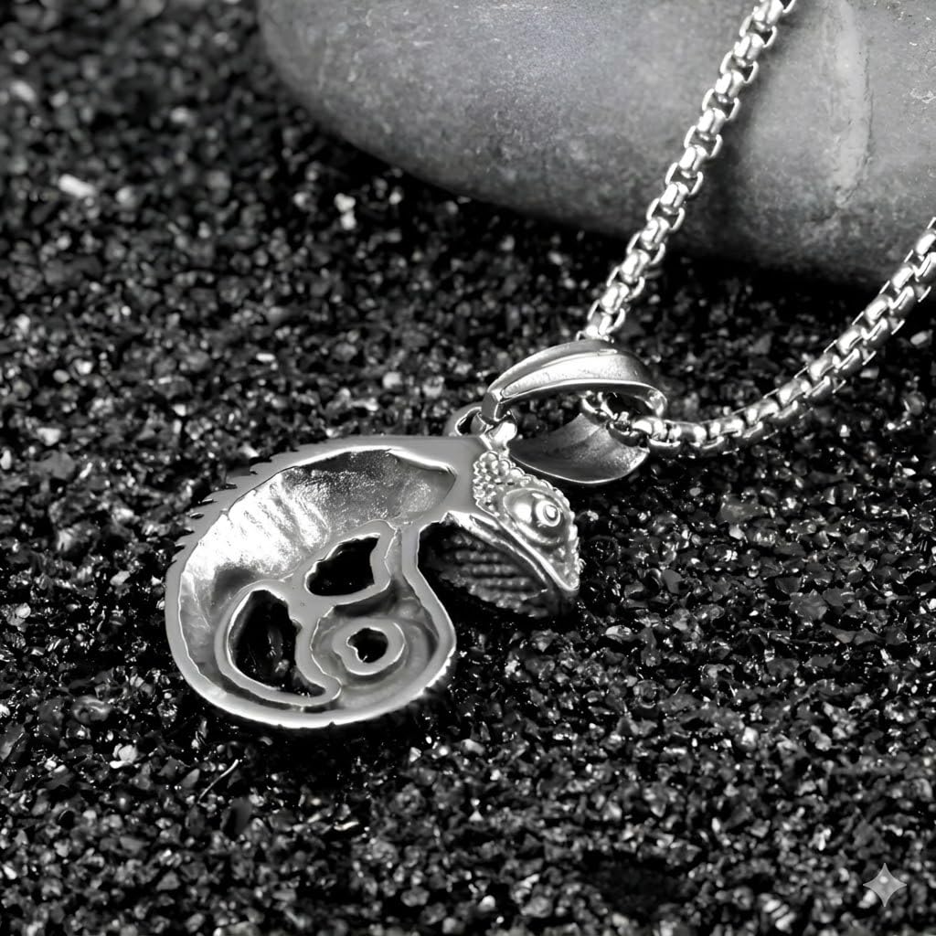 SUPAC Stainless Steel Chameleon Pendant Necklace, 3D Detailed Reptile Design, 23.6 Inch Chain Length, 1.43 Inch Pendant Size
