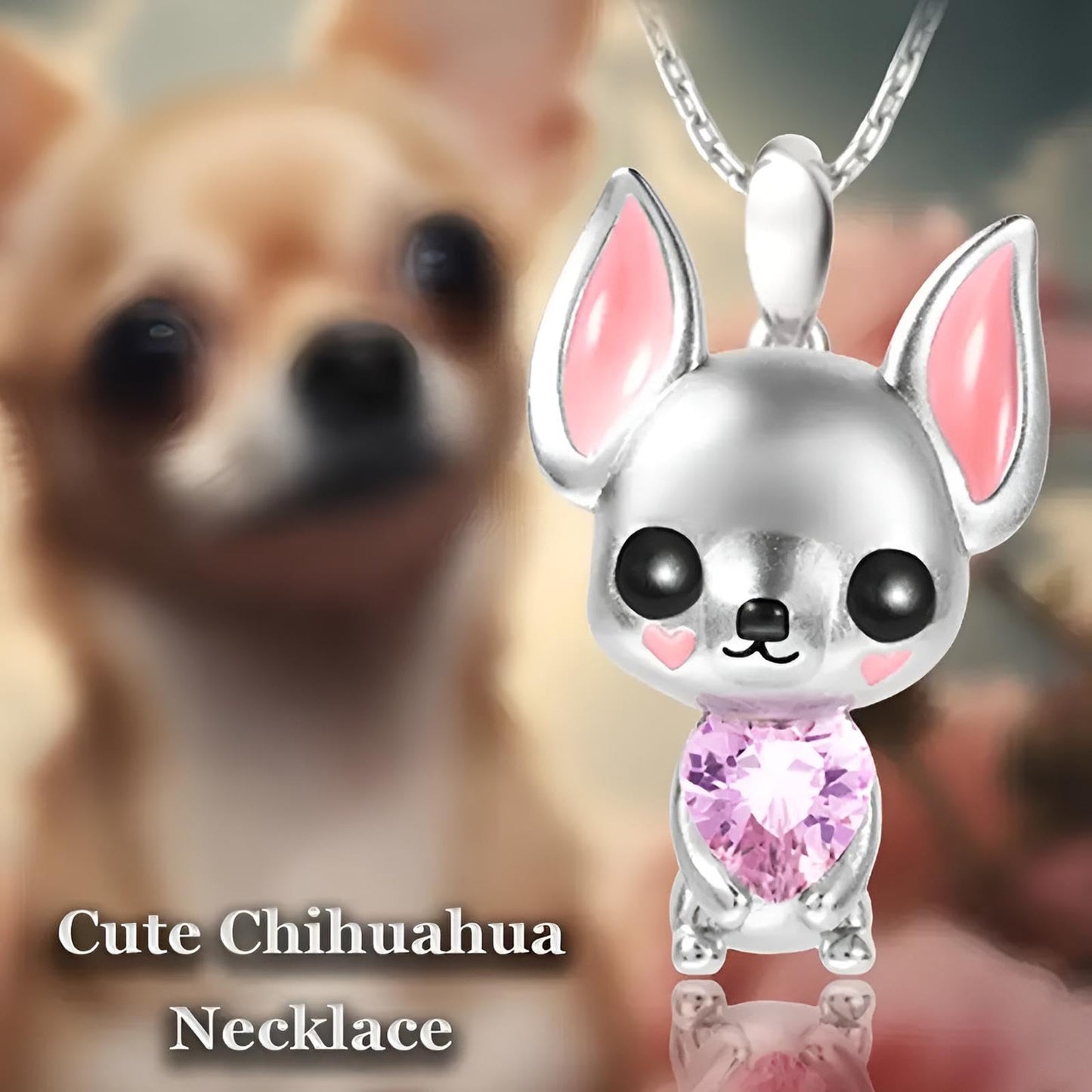 SUPAC Silver Chihuahua Pendant Necklace with Pink Crystal Heart, 17.72 inch Chain - Chihuahua Gift