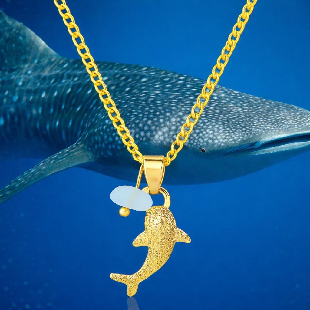 SUPAC Whale Shark Necklace with Sea Glass Accent, Gold and Silver Chain - 5 Color Options