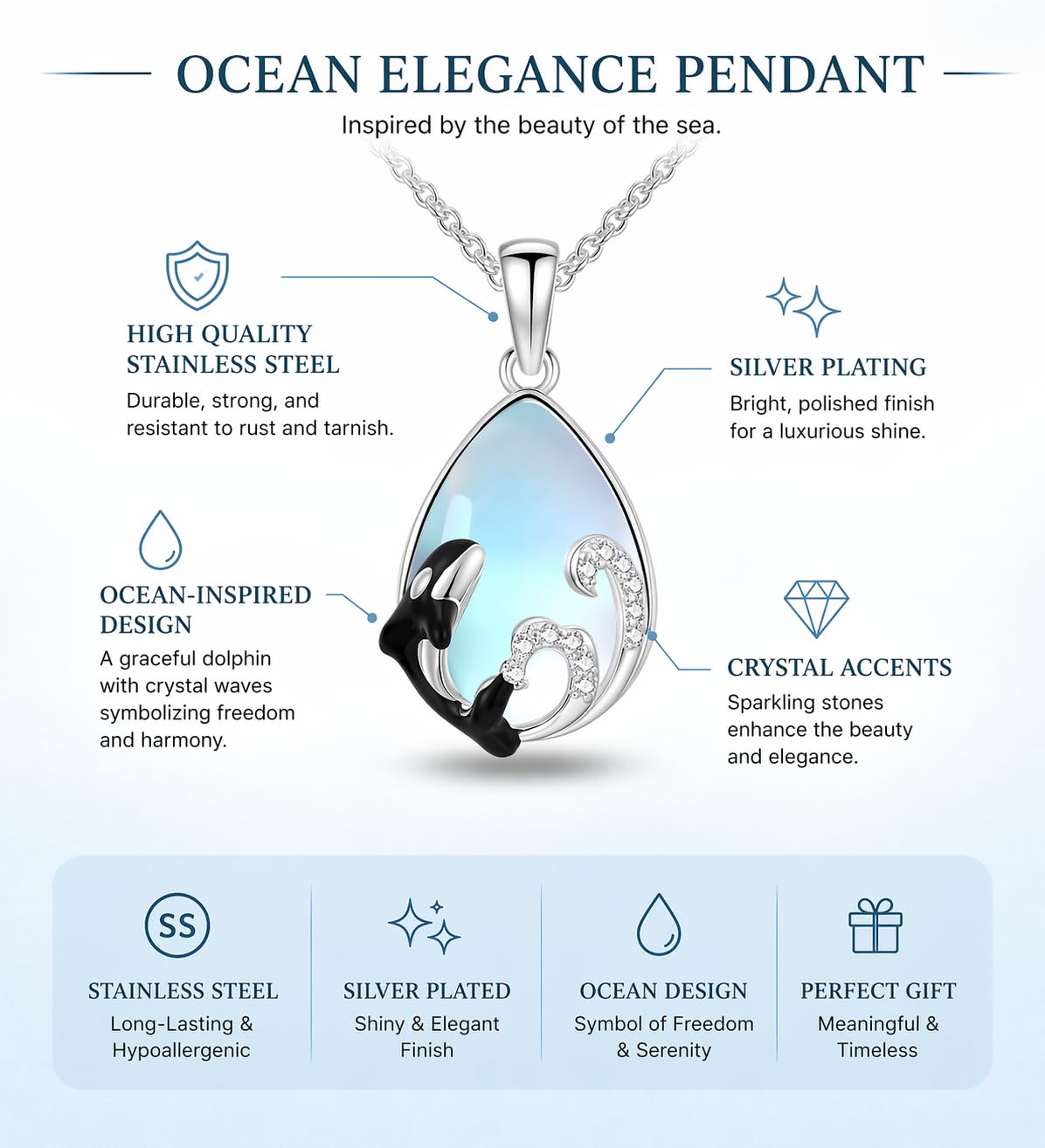 SUPAC Stainless Steel Silver Killer Whale Orca Whale Pendant Necklace, Black and Silver, Shamu Gift