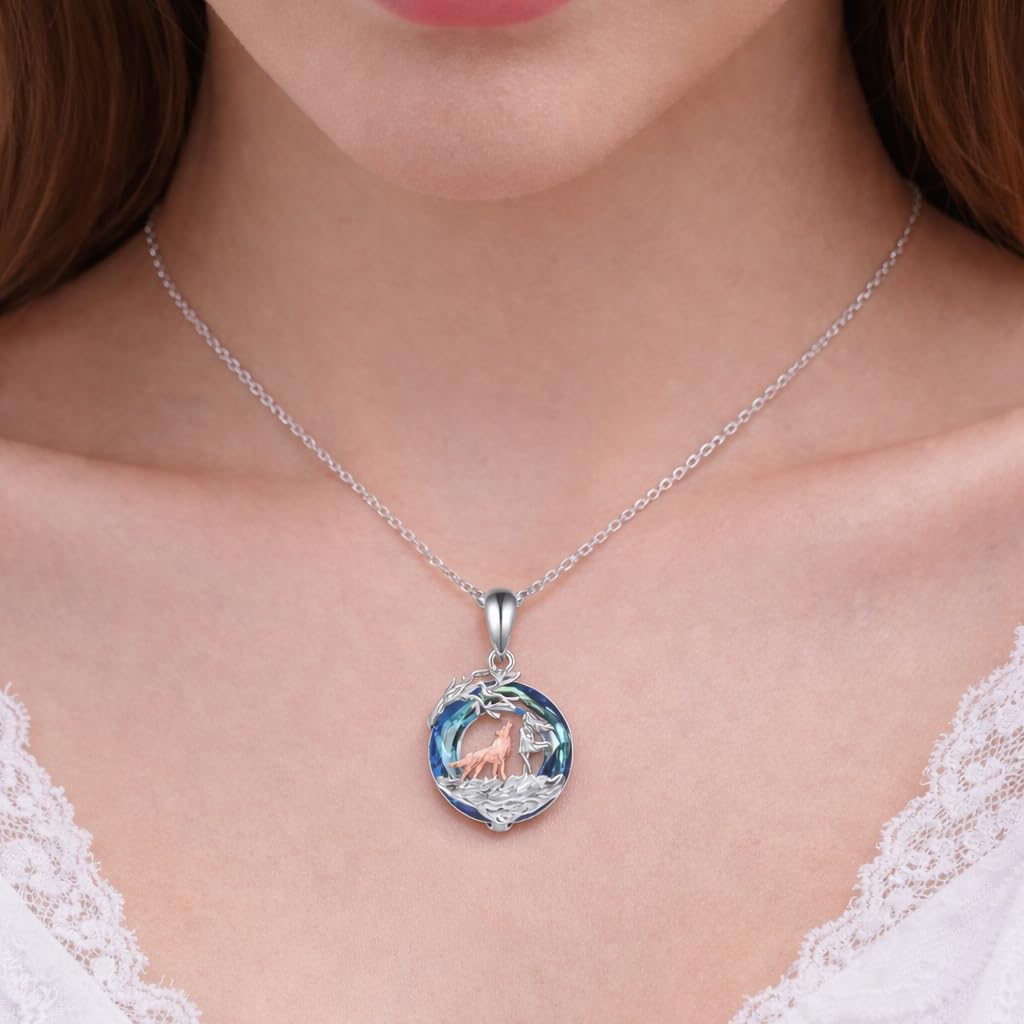 SUPAC Wolf Winter Scene Pendant Necklace, Blue Crystal, Stainless Steel Chain, 1.25 inch