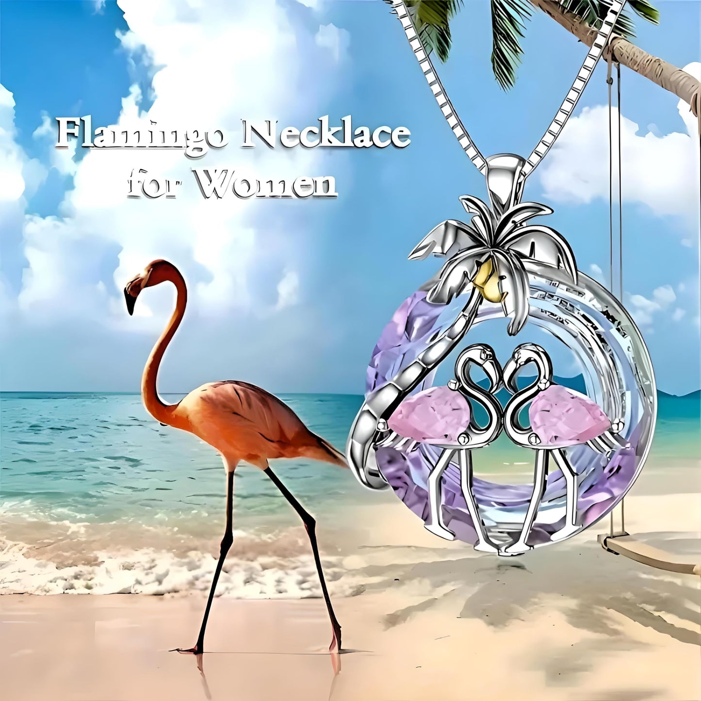 Tropical Flamingo Jewelry Set with Necklace, Bracelet, Earrings and Keychain, Pink and Purple Crystal Beach Design, Silver