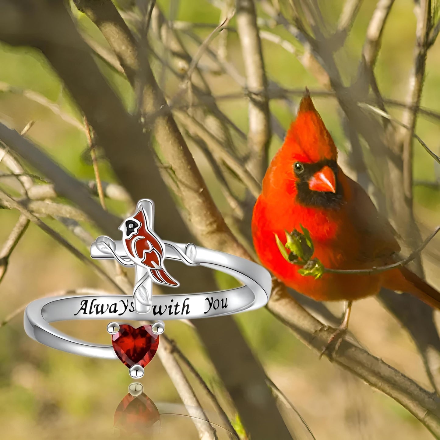 SUPAC Red Cardinal Cross Ring, Silver-Plated 'I Am Always with You' Inspirational Message, Adjustable - Christmas, Party, or Birthday Gift