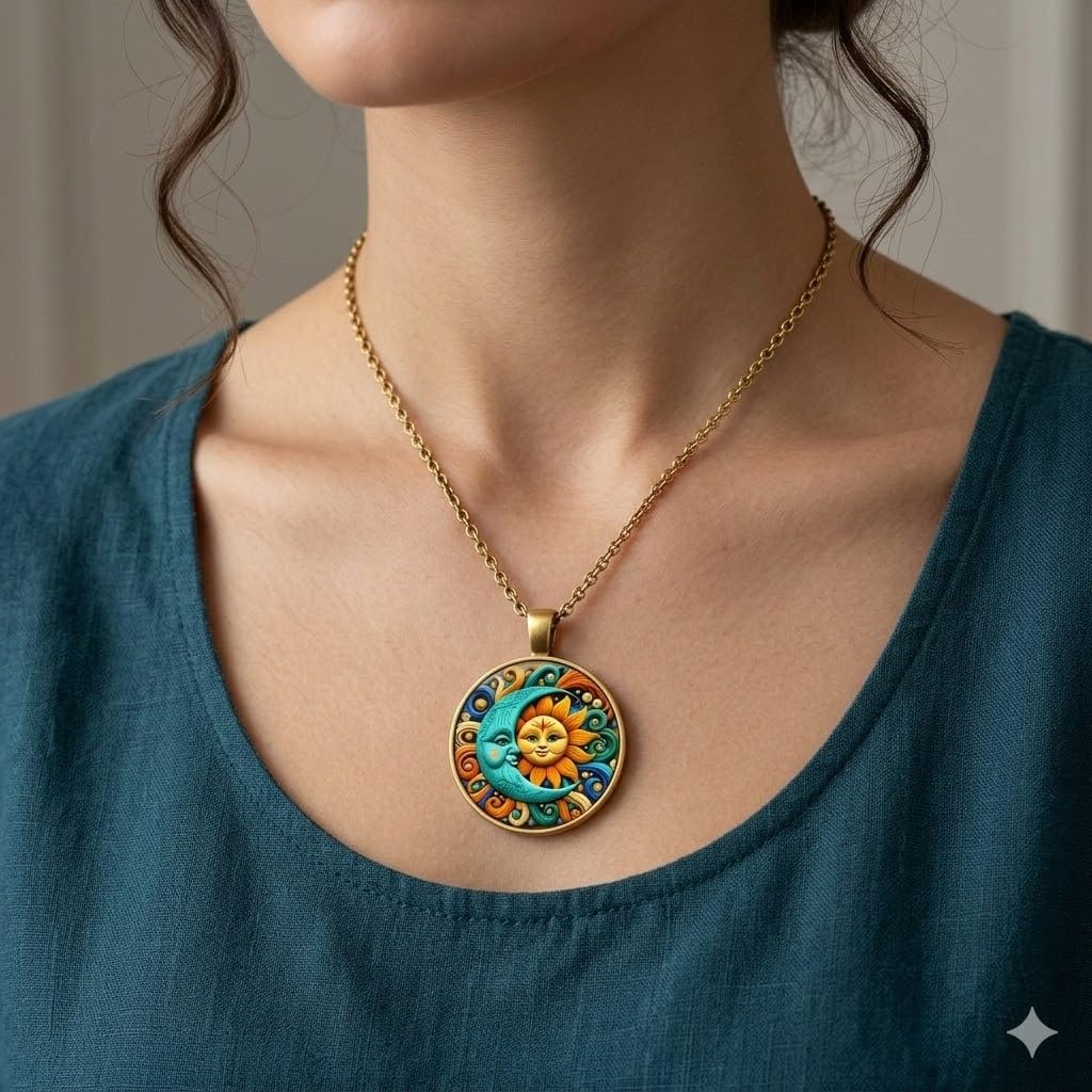 1pc Stunning Round Pendant Necklace - Unique Sun & Moon Pattern, Oil Painting Style Glass Mosaic, Alloy Construction, Trendy Sweater Chain, Fashionable Gift for Women - Christmas or Birthday Gift