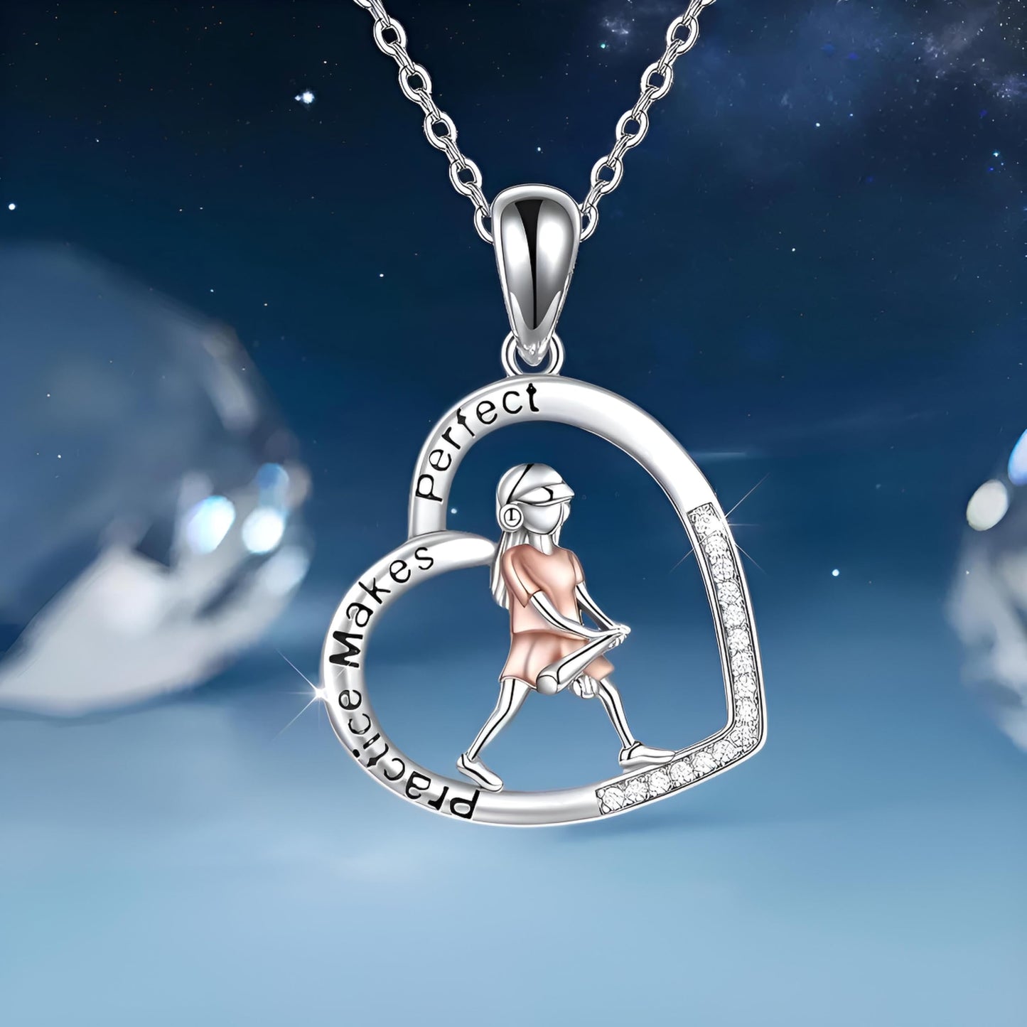 Sports Heart Necklace, 9 Different Sport Options: Basketball, Jumping Cheerleader, Gymnast, Softball, Volleyball, Ballet Ballerina, Runner, Sports Accessories Birthday Gift- Simulated Rainbow Diamonds, Christmas, Birthday or Party Gift