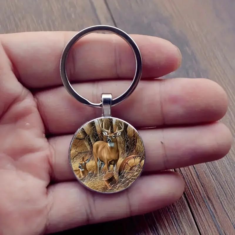 Mountain Sunset Stained Glass Art Keychain, Nature Scene Design, Round Pendant (White-tailed Deer)