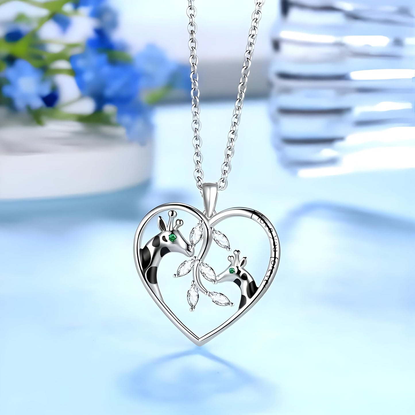 SUPAC Sterling Silver Tree of Life Giraffe Pendant Necklace, Blue Crystal Background, Gift for Animal Lovers! (Giraffe with Green Eyes)