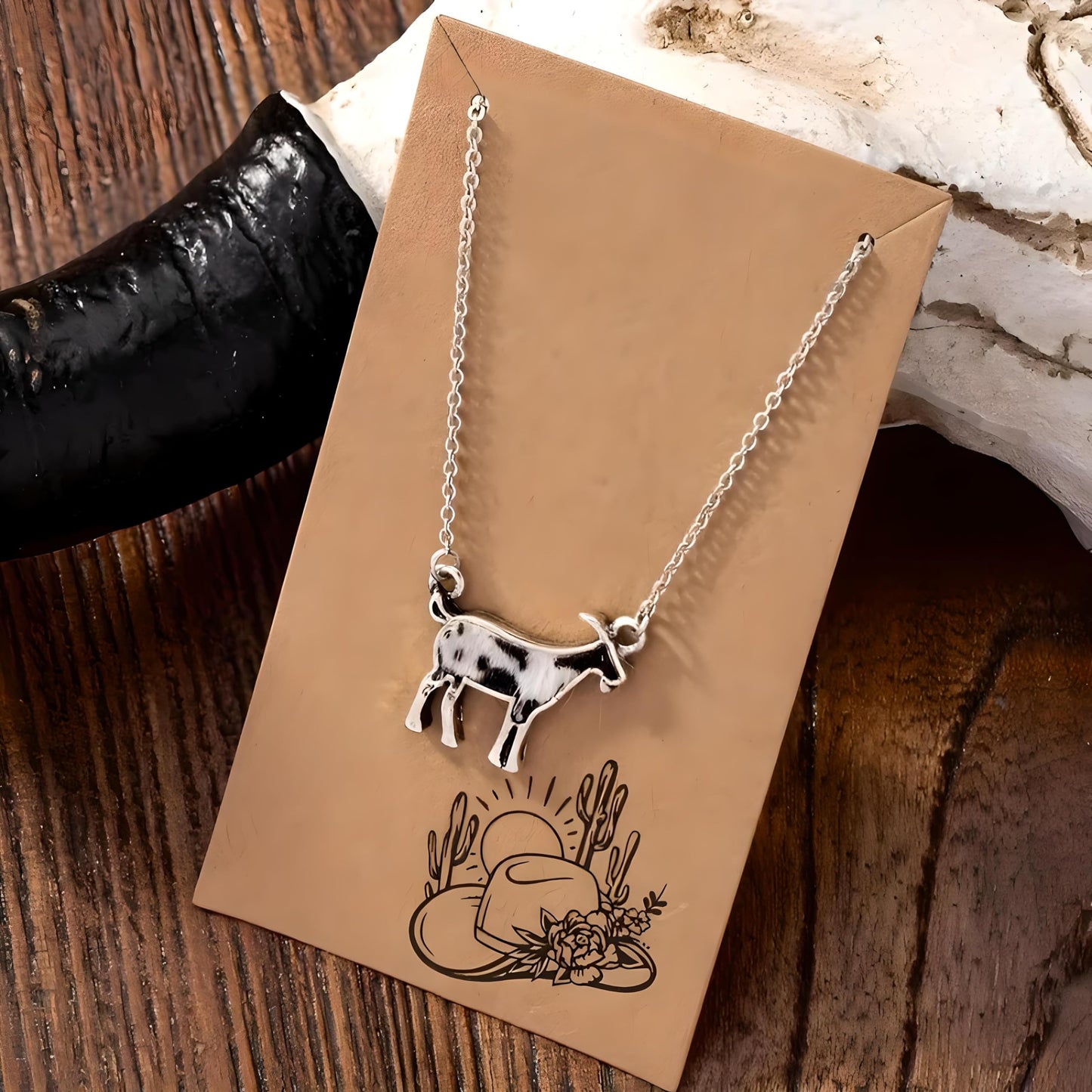 Western Farm Animal Pendant Necklace, Cow, Horse, Goat, and Pig Hide - Silver Chain, 15.35 inch + 1.97 inch Extension