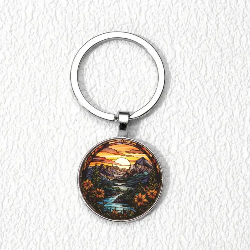Mountain Sunset Stained Glass Art Keychain, Nature Scene Design, Round Pendant (Flowing River)