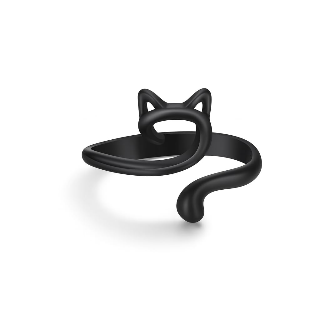 Adjustable Cat Ring, Black or Silver Options - 0.79 inch Width, Lovely Cats Animals Open Ring Jewelry for Women, Gift for Cat Lovers
