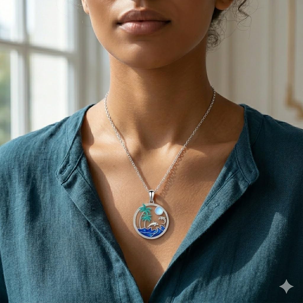 Tropical Beach Scene Pendant Necklace, Silver Chain with Dolphins and Palm Trees, Blue Ocean Wave Design, 17.7 + 2 Inch