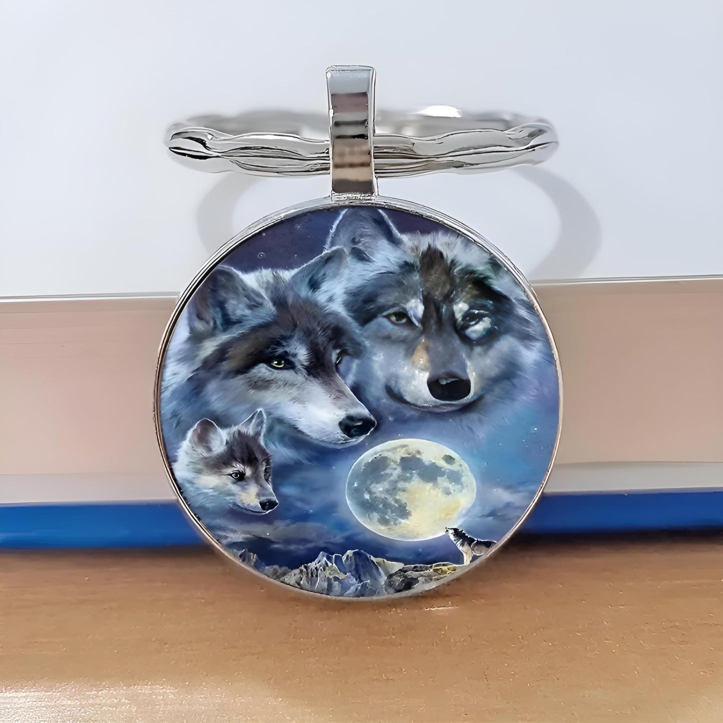 SUPAC Mountain Sunset Stained Glass Art Keychain, Nature Scene Design, Round Pendant (Wolf Hug)