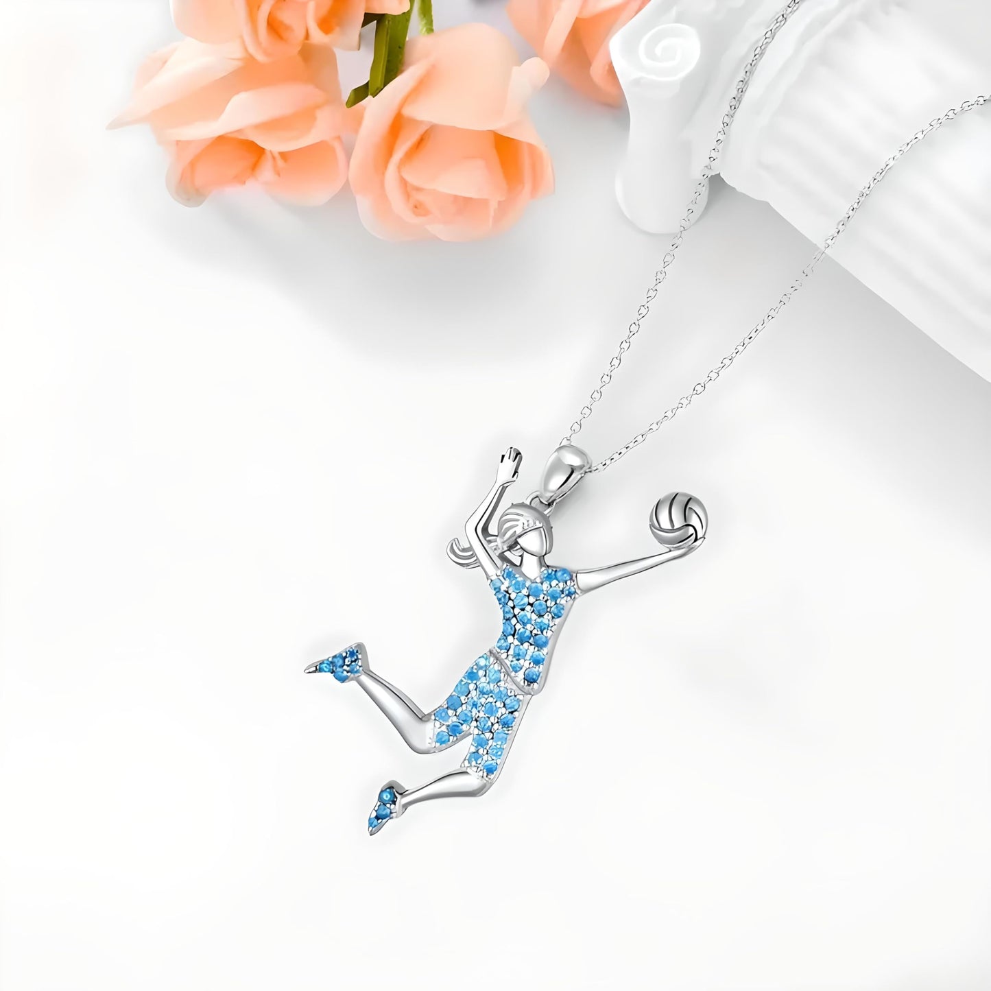 Sports Heart Necklace, 9 Different Sport Options: Basketball, Jumping Cheerleader, Gymnast, Softball, Volleyball, Ballet Ballerina, Runner, Sports Accessories Birthday Gift- Simulated Rainbow Diamonds, Christmas, Birthday or Party Gift