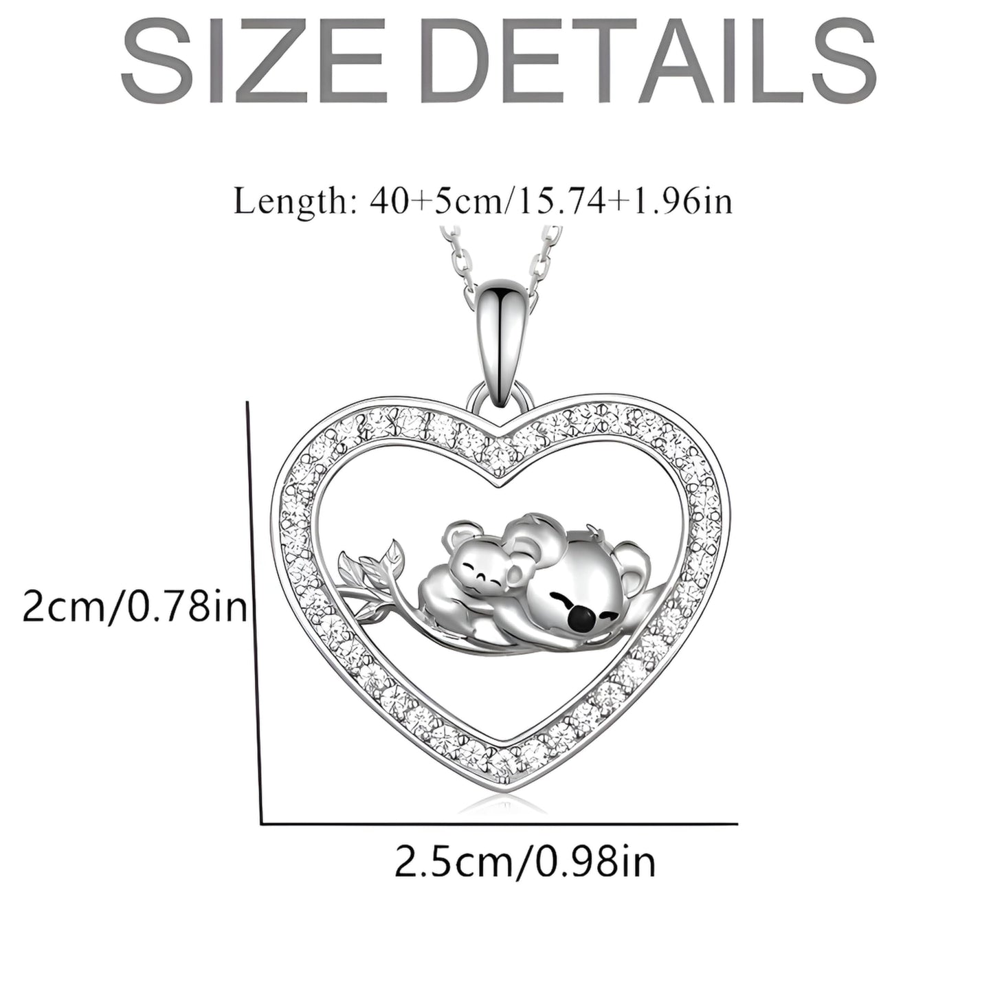 SUPAC Heart-Shaped Koala Family Jewelry Set, Crystal-Studded Necklace and Earrings, Silver, 15.74 inch Chain