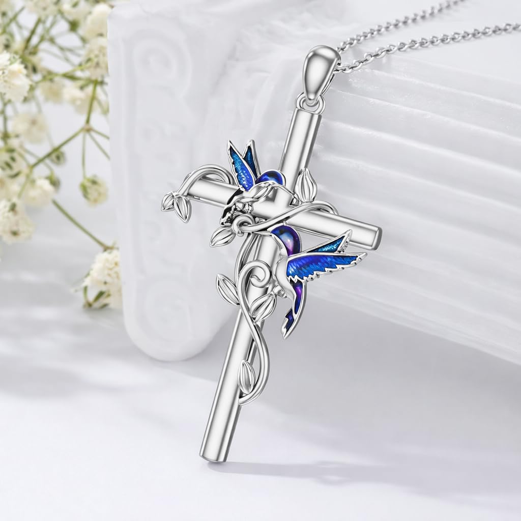 SUPAC Hummingbird Cross Design Necklace, I Am Always With You, 19.68 inch Chain, Red and Silver
