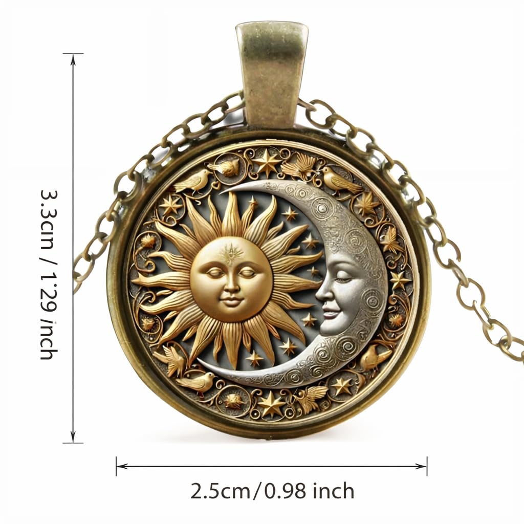 1pc Stunning Round Pendant Necklace - Unique Sun & Moon Pattern, Oil Painting Style Glass Mosaic, Alloy Construction, Trendy Sweater Chain, Fashionable Gift for Women - Christmas or Birthday Gift