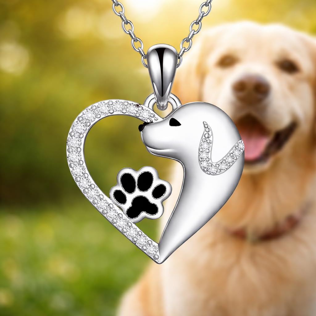 SUPAC Dog Breeds Necklace, German Shepherd, Labrador Retriever, Heart Pendant Necklace, Black and Gold, Crystal Paw Print Design, Dog Lovers Gift