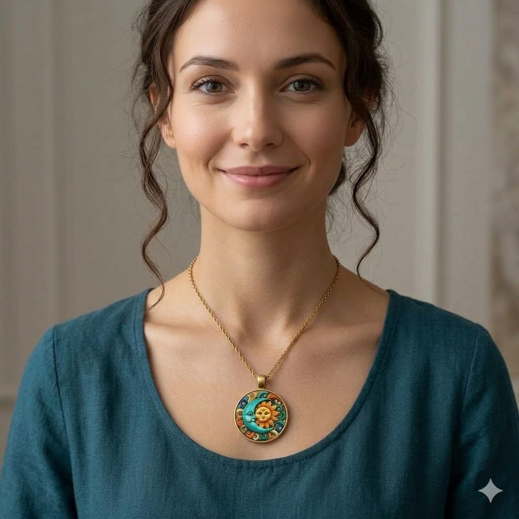1pc Stunning Round Pendant Necklace - Unique Sun & Moon Pattern, Oil Painting Style Glass Mosaic, Alloy Construction, Trendy Sweater Chain, Fashionable Gift for Women - Christmas or Birthday Gift