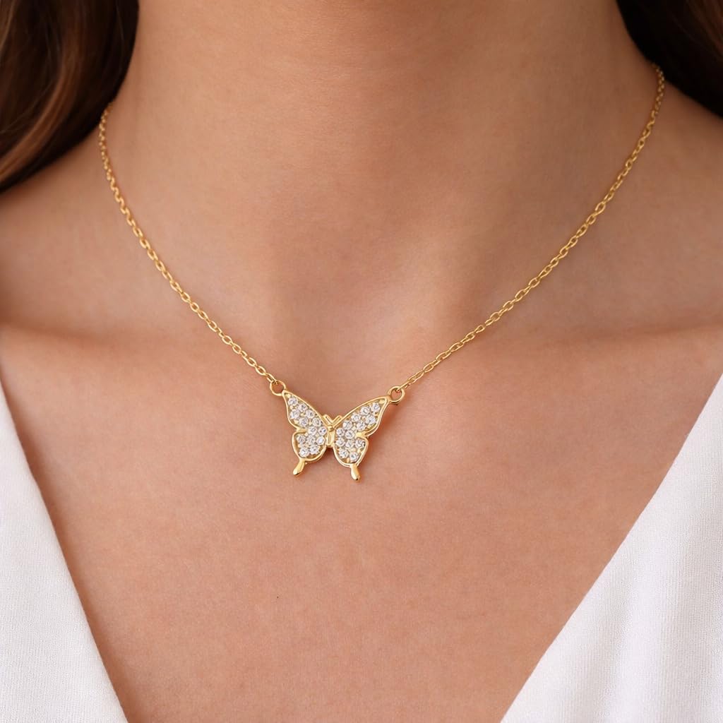 SUPAC Simulated Diamond Butterfly Pendant Necklace Golden Color Neck Jewelry Gift For Women - Graceful Beauty to Adorn Your Neckline with Sparkling Sophistication - Christmas or Birthday Gift