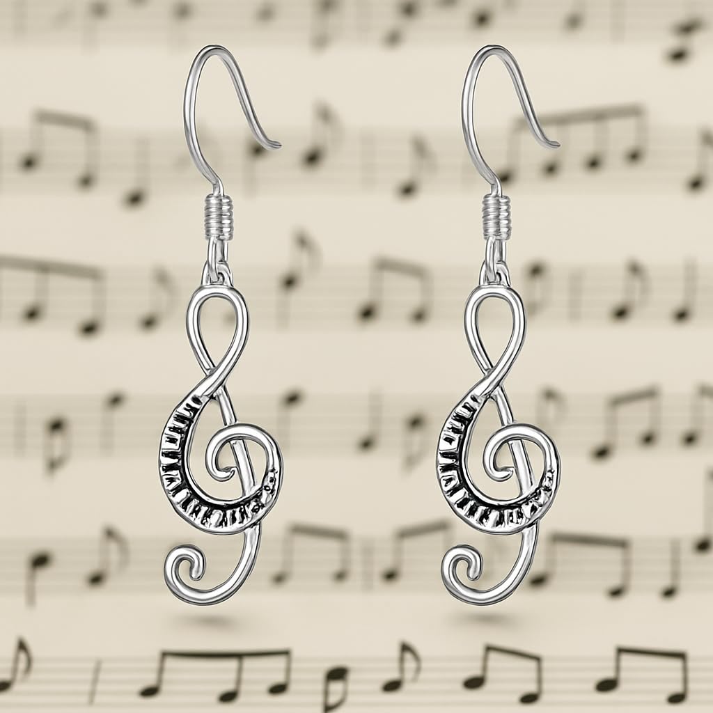 Musical Note Jewelry Set, 4-Piece Silver Treble Clef Design, Necklace Bracelet Earrings Keychain