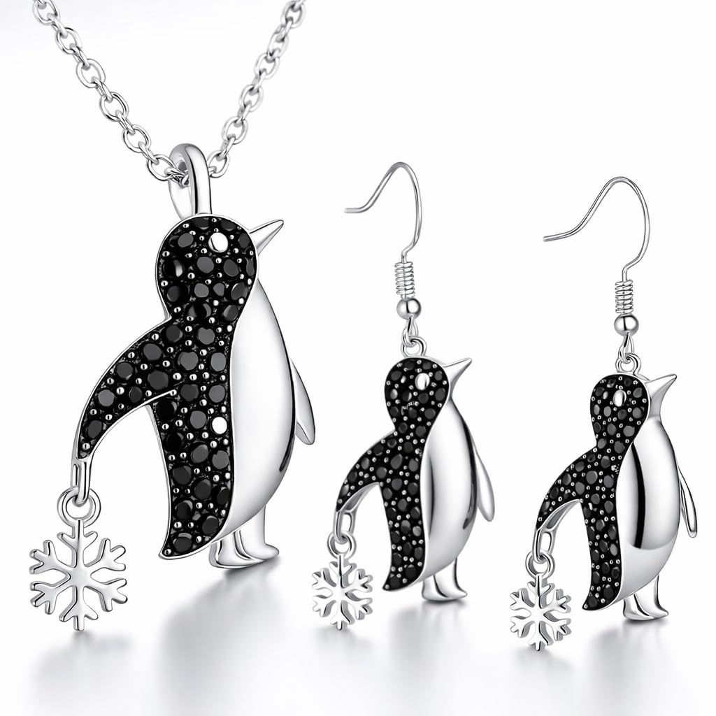 SUPAC Crystal Penguin Jewelry Set, Silver Necklace and Earrings with Snowflake Charm, Black - Gift for Penguin Lovers