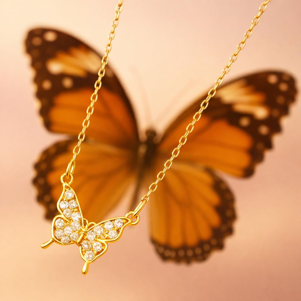 SUPAC Simulated Diamond Butterfly Pendant Necklace Golden Color Neck Jewelry Gift For Women - Graceful Beauty to Adorn Your Neckline with Sparkling Sophistication - Christmas or Birthday Gift