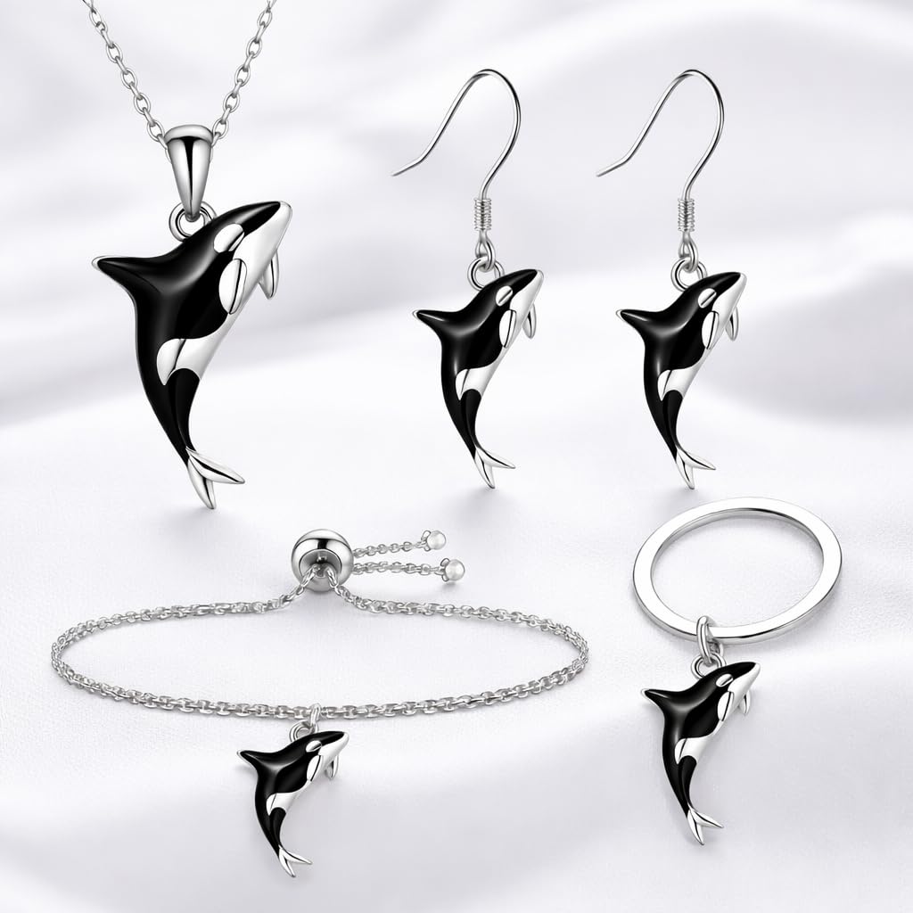 Orca Killer Whale Jewelry Set with Necklace, Earrings, Bracelet and Keychain, Black and Silver - Shamu Gift