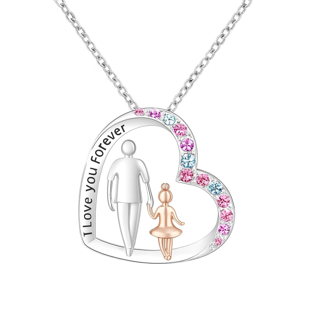 SUPAC Father and Daughter Heart Necklaces, Crystal Accents, Silver Chain - 'I Love you Forever' - Father's Day Gift