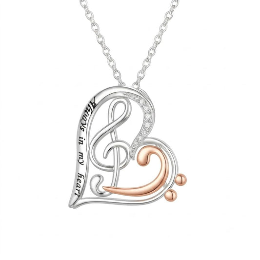 Musical Note Heart Necklace, Sterling Silver and Rose Gold Two-Tone Treble Clef Design with Crystals - 'Always in my heart' Engraved