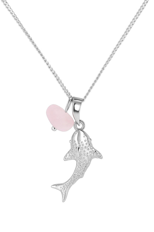 Silver Whale Shark Necklace with Pink Sea Glass Accent, Gold and Silver Chain - 4 Color Options