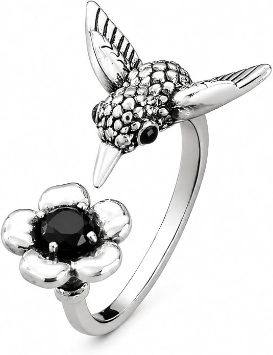 Stainless Steel Hummingbird Ring - Turquoise, Purple Enamel