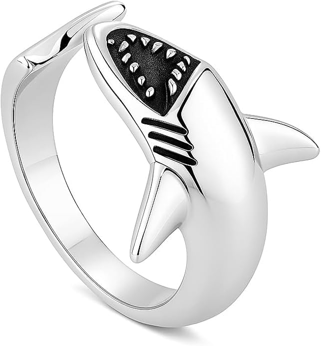 Gold Hammerhead Shark Adjustable Ring - Black Cubic Zirconia Statement Gift