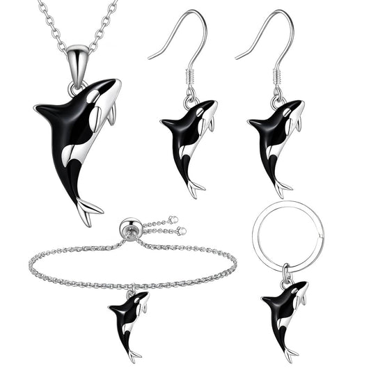 Orca Killer Whale Jewelry Set with Necklace, Earrings, Bracelet and Keychain, Black and Silver - Shamu Gift