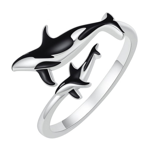 Stainless Steel Orca Whale Ring, Adjustable Size, Black and Silver - Shamu Gift