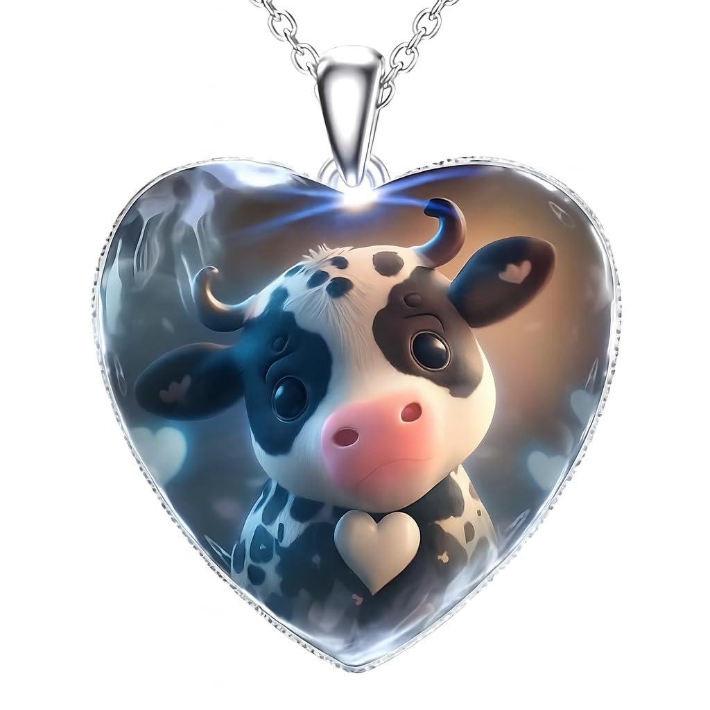 Heart-Shaped Pendant Necklace with Different Animals - Panda, Horse, Deer, Cat, Elephant, Dog Scenic Views, Stainless Steel Necklace with Glass Pendant - Christmas, Holiday, or Birthday Gift (Cow)