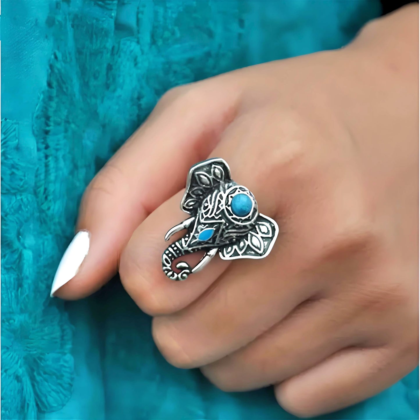 SUPAC Adjustable Vintage Elephant Ring with Turquoise Inlay – Unisex Boho Style Alloy Jewelry for Everyday & Party