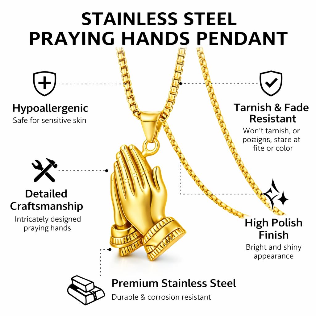 Exquisite Silver Prayer Hands Necklace - A Symbol of Faith, Elegance, and Spiritual Connection - 1pc Prayer Hands Stainless Steel Chain Pendant