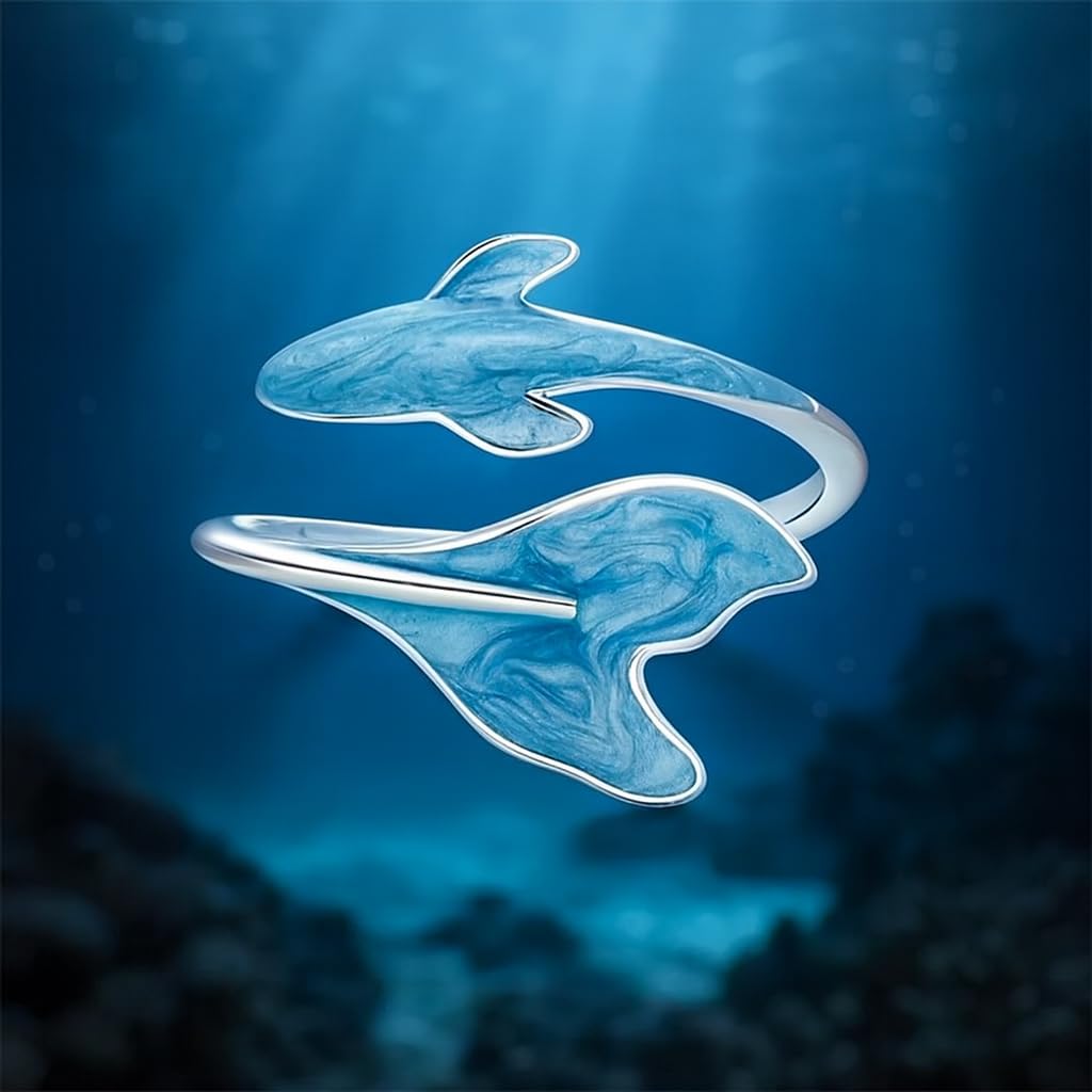 SSUPAC Stainless Steel Ocean Whale Tail Ring with Blue Marble Effect, Inner Diameter 0.66 inch