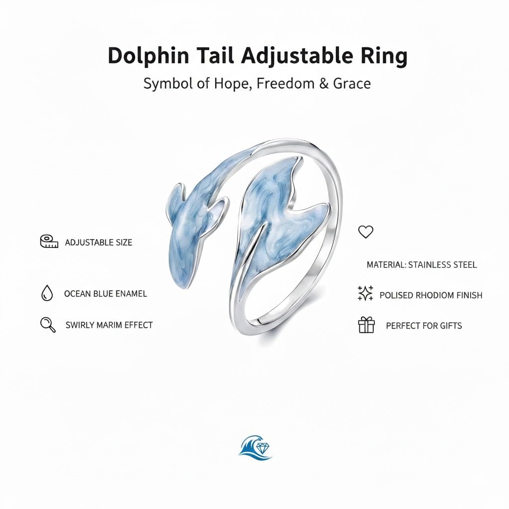SSUPAC Stainless Steel Ocean Whale Tail Ring with Blue Marble Effect, Inner Diameter 0.66 inch