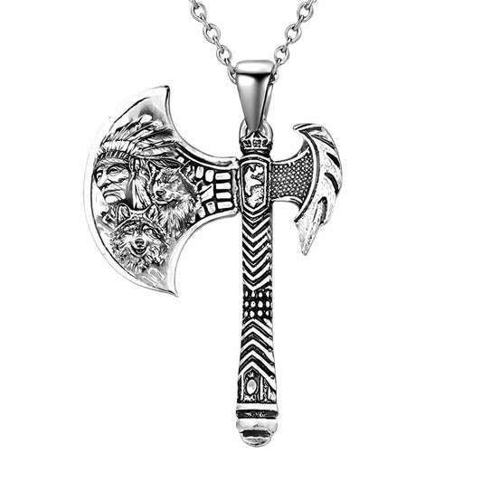 Indian Axe Pendant Necklace, Native American Wolf Design, Stainless Steel Chain